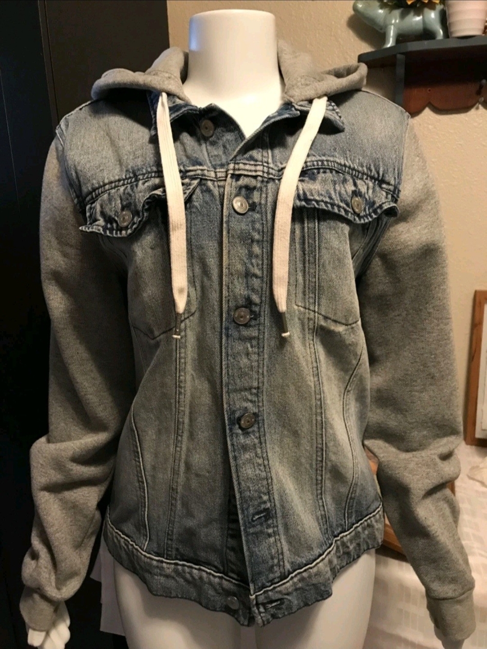 H&M Light Blue Denim Jacket with Gray Hoodie Sleeves